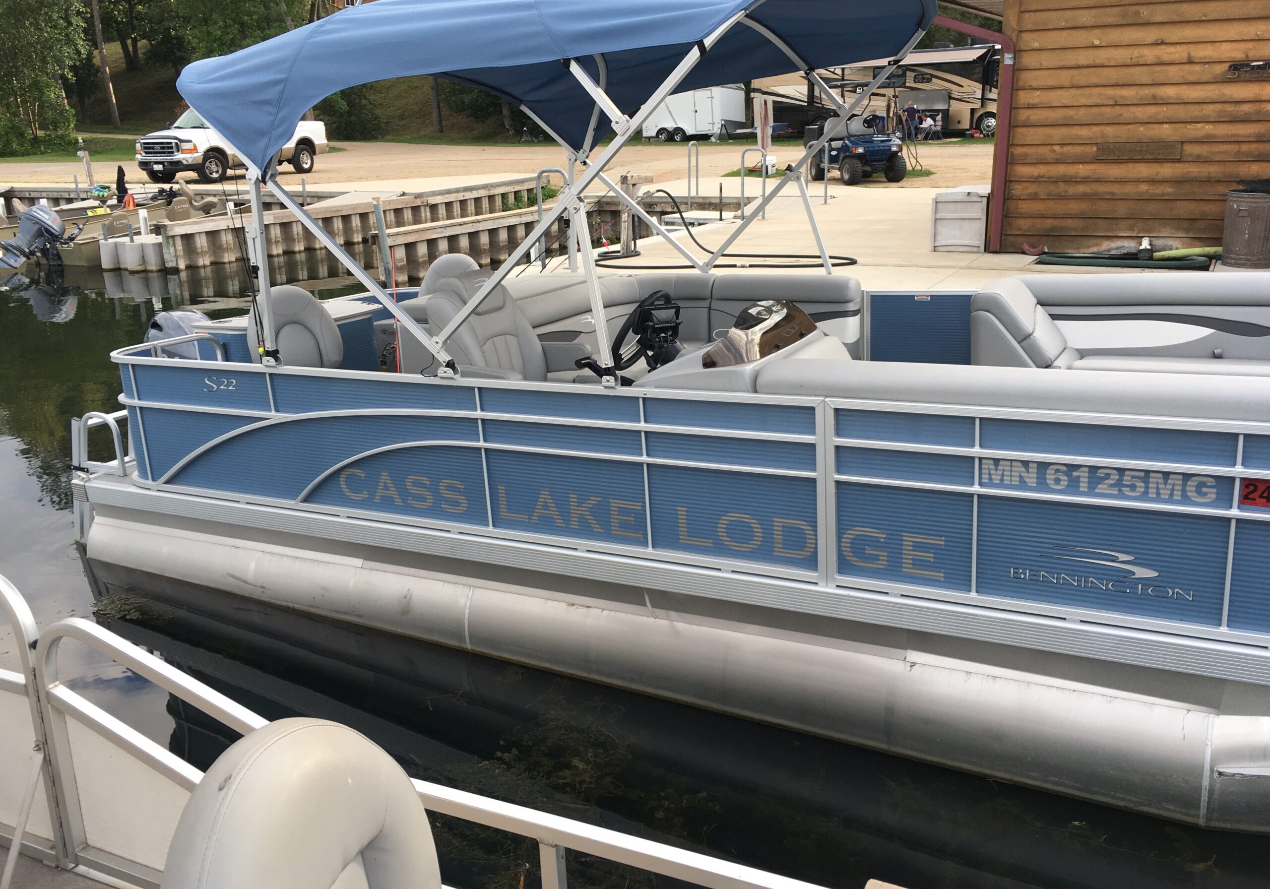 Blue pontoon provided by Cass Lake Lodge